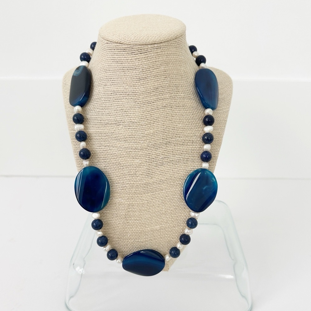NWT Genuine Lapis Lazuli, Agate & Pearls Necklace Blue White